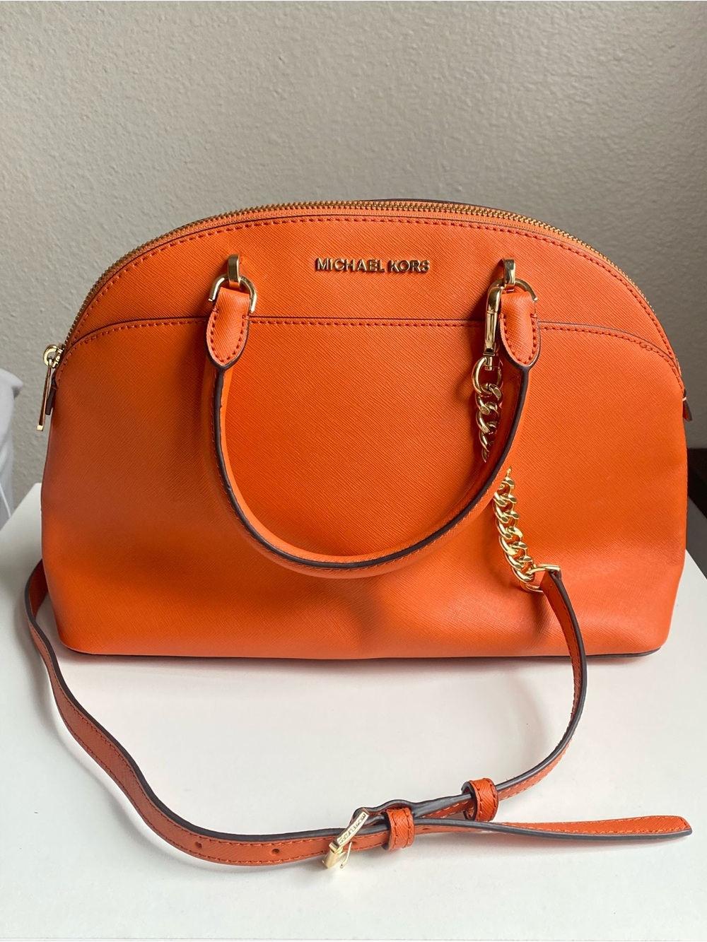 Authentic Michael Kors Orange Saffiano Dome Satchel with Gold Hardware